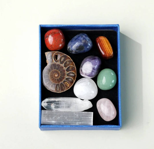 Nytt Chakra Sett med m/ Fossil sten; + 7 pcs 20mm Chakra tromlede stener , Selenite, Clear Quartz Point
