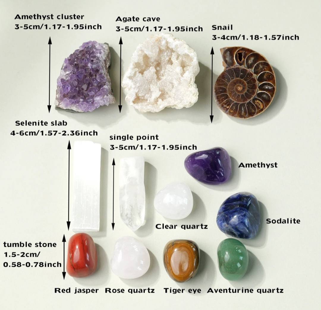 Nytt Chakra Sett med m/ Hvite Quartz Geode + 7 pcs 20mm Chakra tromlede stener , Selenite, Clear Quartz Point