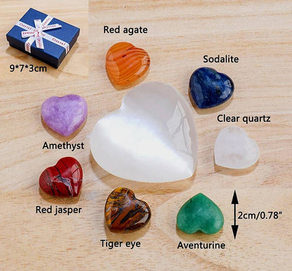 Chakra Heart Sett m/ 50mm Clear Quartz Heart +  7 pcs 20mm Chakra Hearts