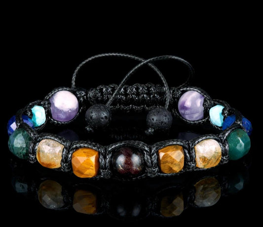 New 2025 Design / Trendy og Exclusivt Shambhala Armbånd, 7 Chakras Bracelet with Arfvedsonite Tiger’s Eye, Yellow Stone , Green Agate, Turquoise, Lapis Lazuli, Amethyst, Lava Stone for Root