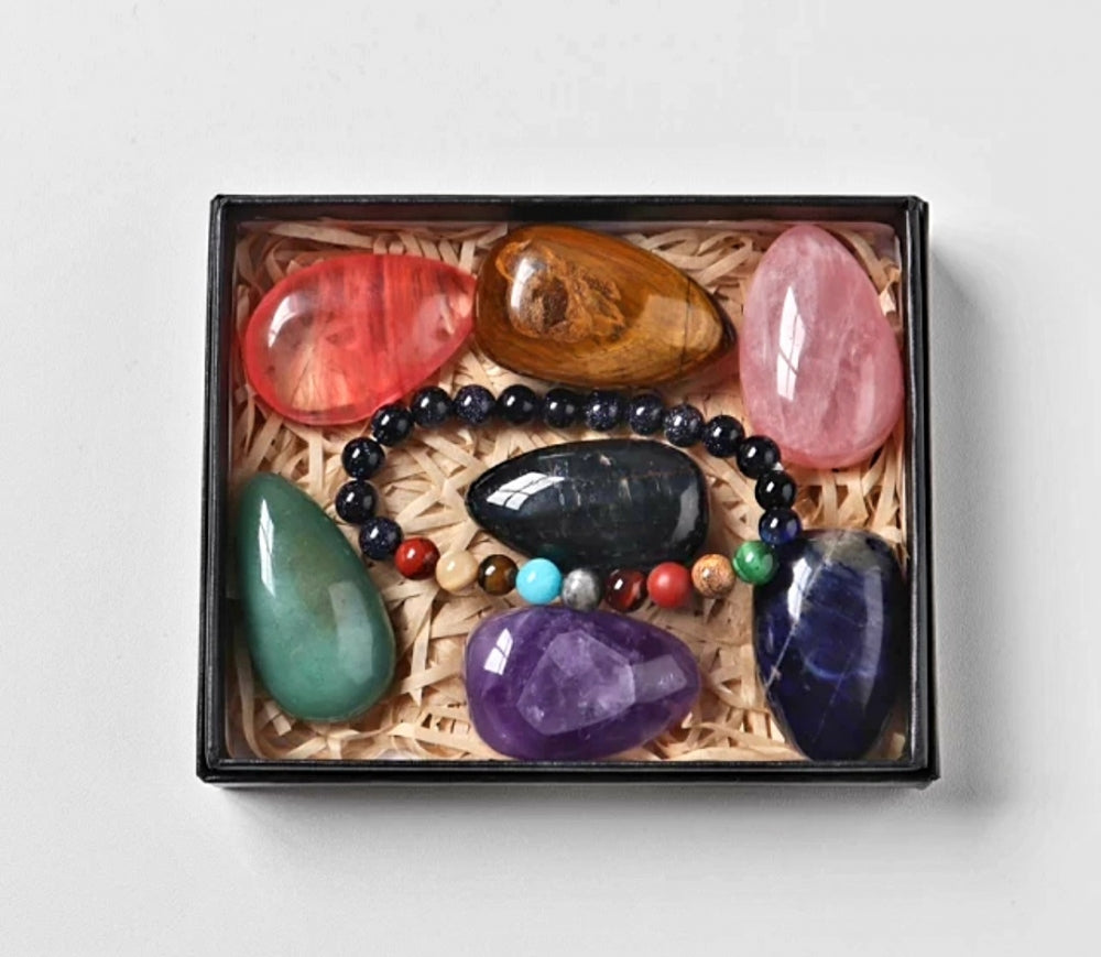 Nytt Chakra Sett med 7 store palmstones i eggform inkl. Chakra armbÅnd...