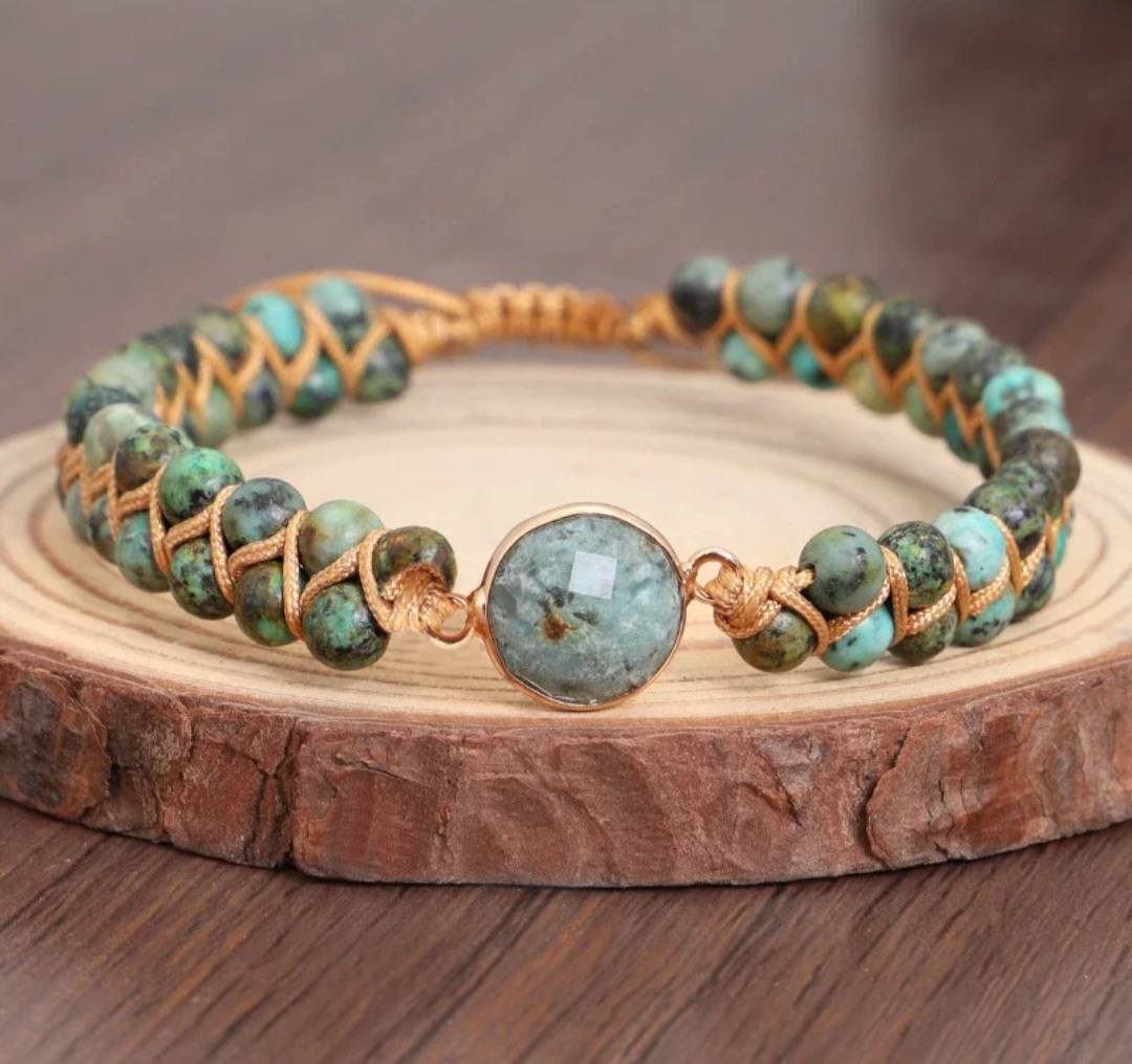 Enkle og vakre Chambhala Deluxe 2 rader armbånd m/ Round Moss Agate sten og små tilsvarende stener ( justerbart )