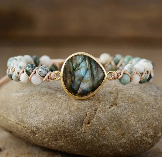 Enkle og vakre Chambhala 2 rader armbånd m/ Ovalformet Labradorite sten og små tilsvarende agat stener ( justerbart )