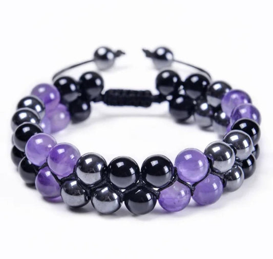 Nye Merkaba 2 rader Ametyst armbånd med Sort onyx og hematitt, justerbare, 8mm kuler
