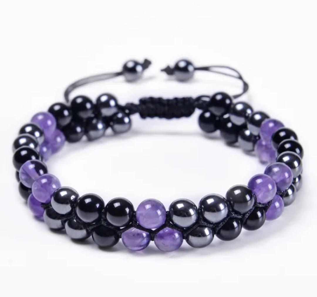 Nye Merkaba 2 rader Ametyst armbånd med Sort Onyx og hematitt, justerbare, 6mm kuler