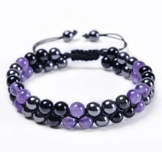 Nye Merkaba 2 rader Ametyst armbånd med Sort Onyx og hematitt, justerbare, 6mm kuler