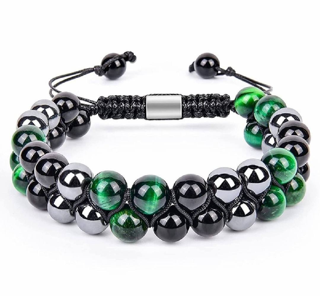 Nye Merkaba 2 rader Grønn Tigerøye armbÅnd med sort onyx og hematitt, justerbare, 8mm kuler