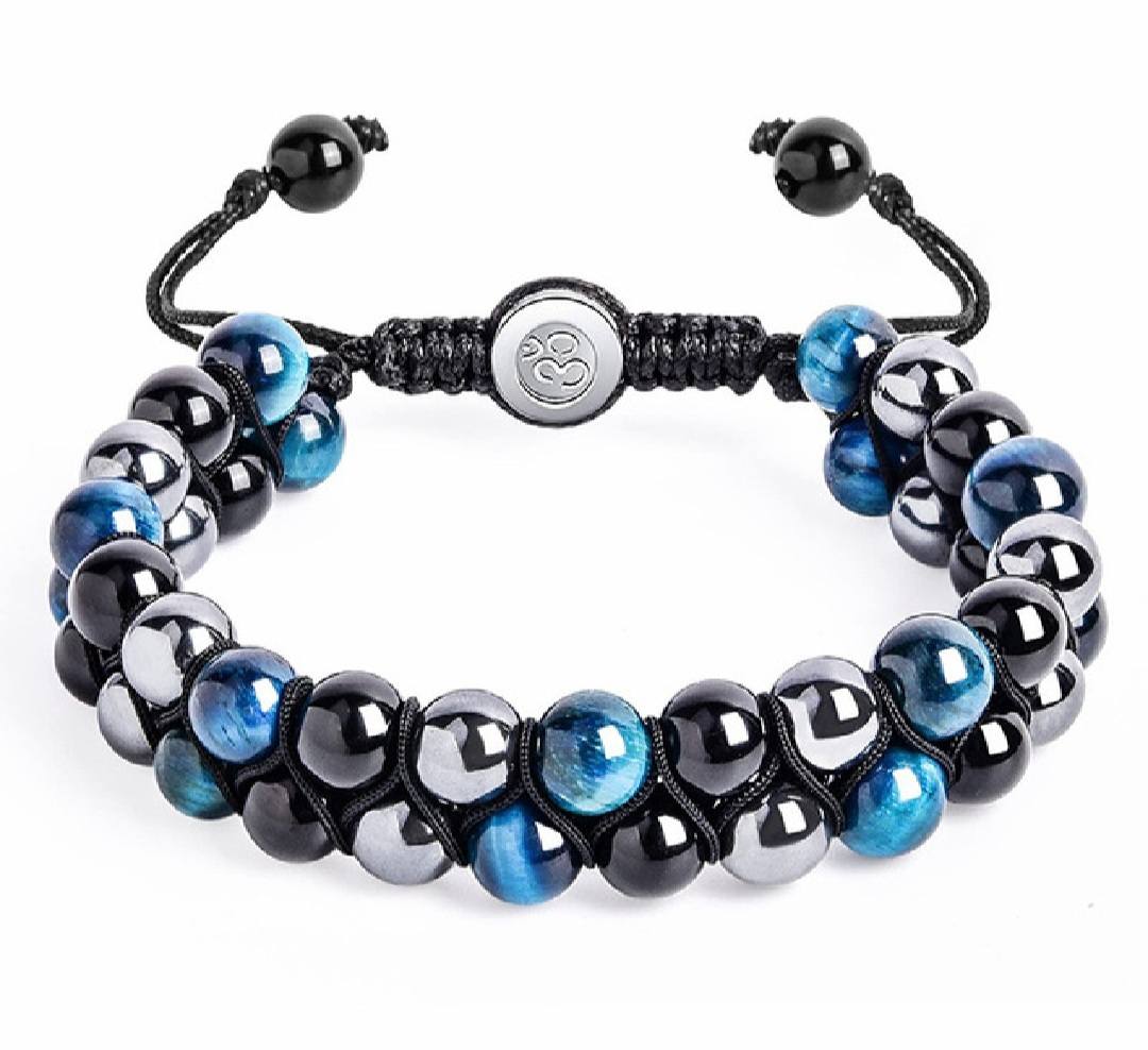Nye Merkaba 2 rader BlÅturkis Tigerøye armbÅnd, sort onyx og hematitt, justerbare, 8mm kuler