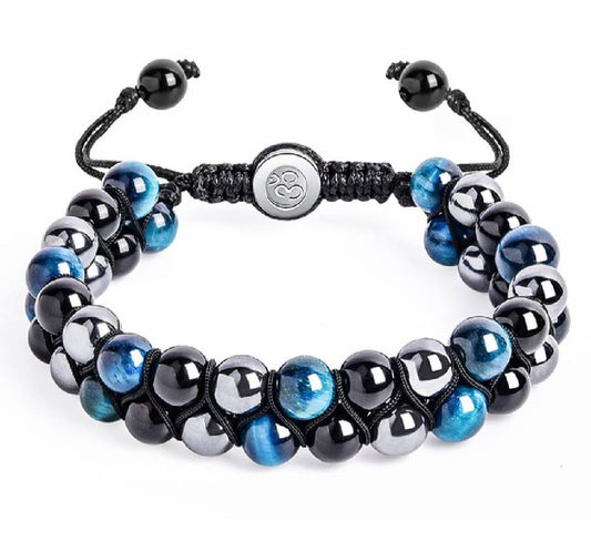 Nye Merkaba 2 rader BlÅturkis Tigerøye armbÅnd, sort onyx og hematitt, justerbare, 8mm kuler