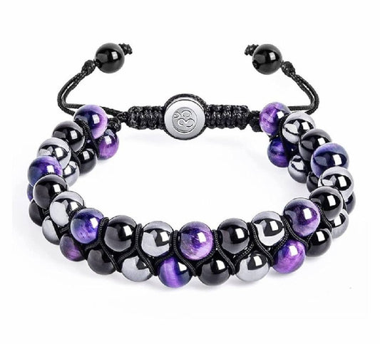 Nye Merkaba 2 rader Purple Tigerøye, sort Onyx og Hematitt armbÅnd, justerbare, 8mm kuler