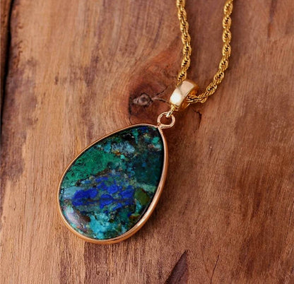 Vakre, store Chrysocolla Øredobber, 35x22mm Tear Drop Design, Gold Electroplated m/krok