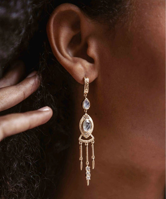 CILA Long Drop Earrings w/ MOONSTONE 18K Goldplated