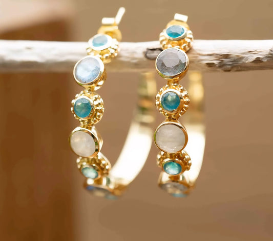 CILA Big Ring Earrings w/ Labradorite , Moonstone 18K Goldplated