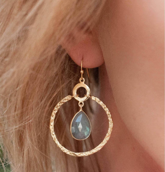 CILA Big Ring Earrings w/ Labradorite Stone , 18K Goldplated