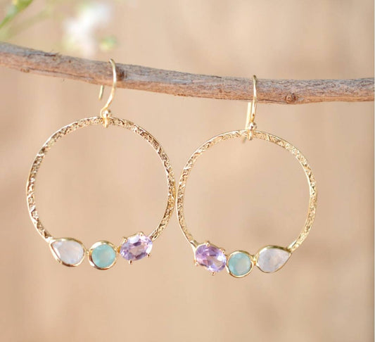 CILA Big Ring Earrings w/ Chalsedony, Moonstone, Ametyst, 18K Goldplated