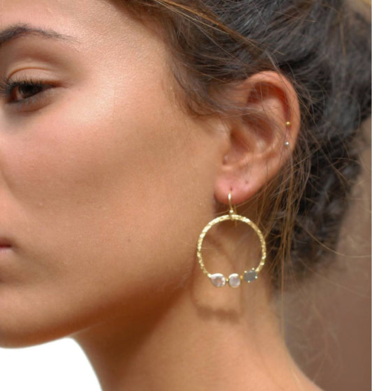 CILA Big Ring Earrings w/ Labradorite, Moonstone, Rose Quartz, 18K Goldplated