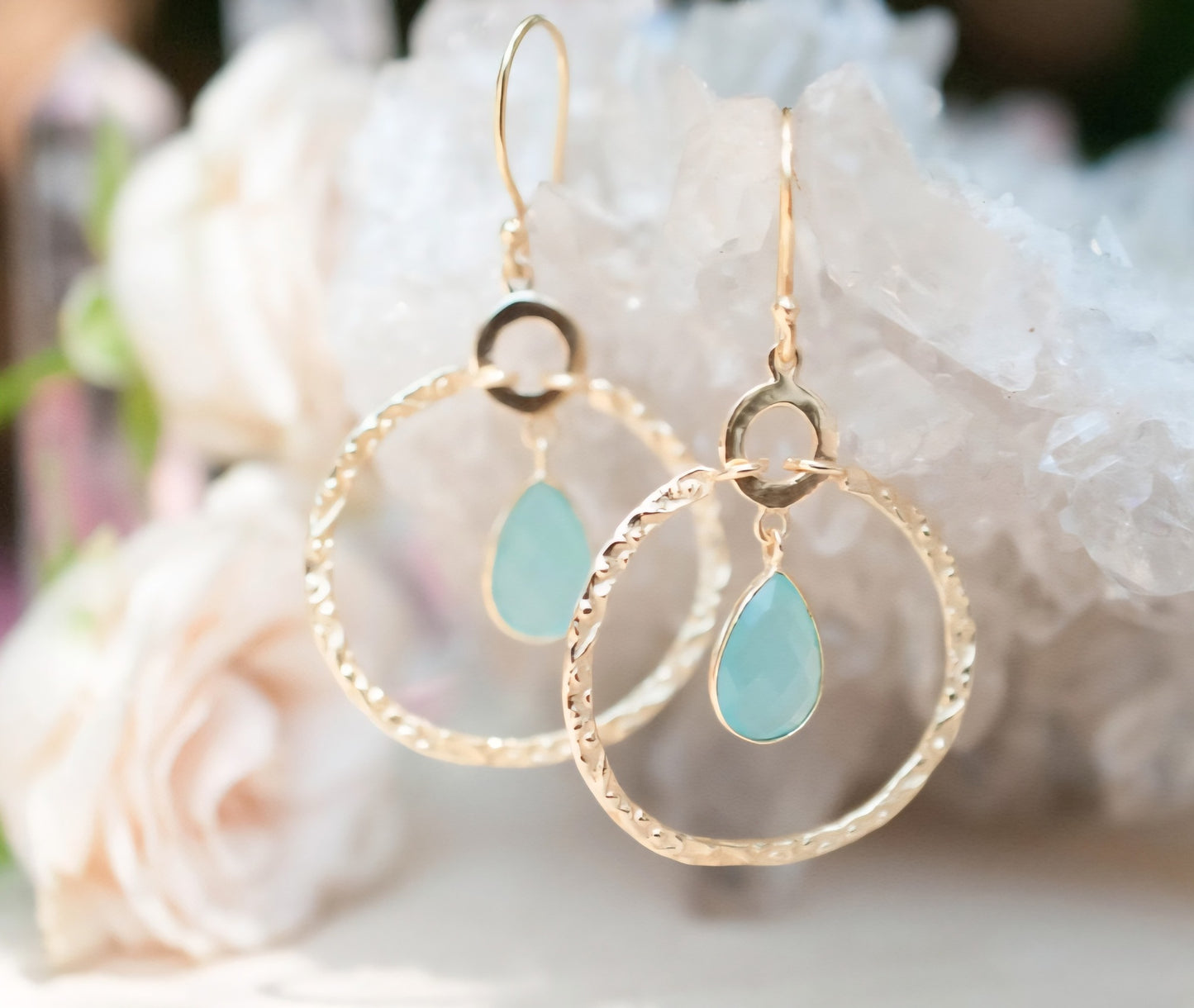 CILA Big Ring Earrings w/ Aqua Chalsedony Stone , 18K Goldplated
