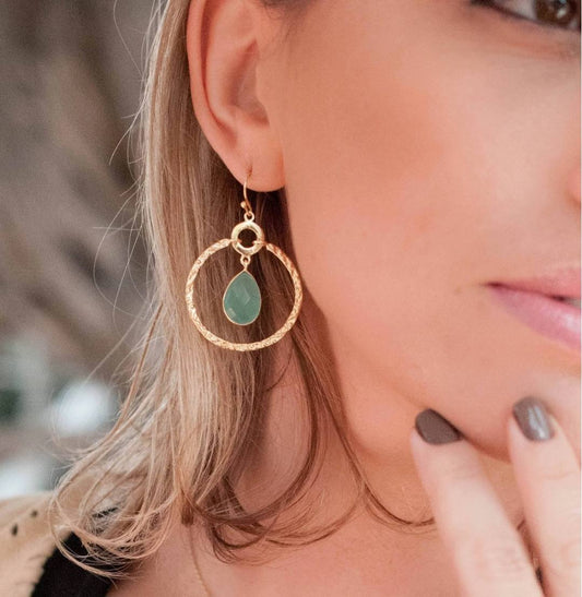 CILA Big Ring Earrings w/ Aqua Chalsedony Stone , 18K Goldplated