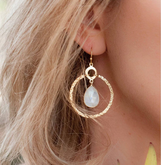 CILA Big Ring Earrings w/ MOONSTONE Stone , 18K Goldplated