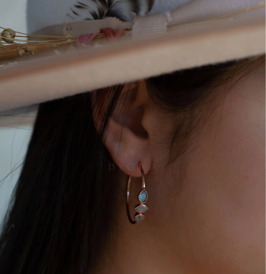 CILA Big Ring Earrings w/ Labradorite Stones; 18K Goldplated