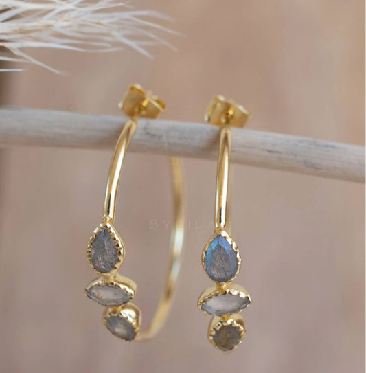 CILA Big Ring Earrings w/ Labradorite Stones; 18K Goldplated