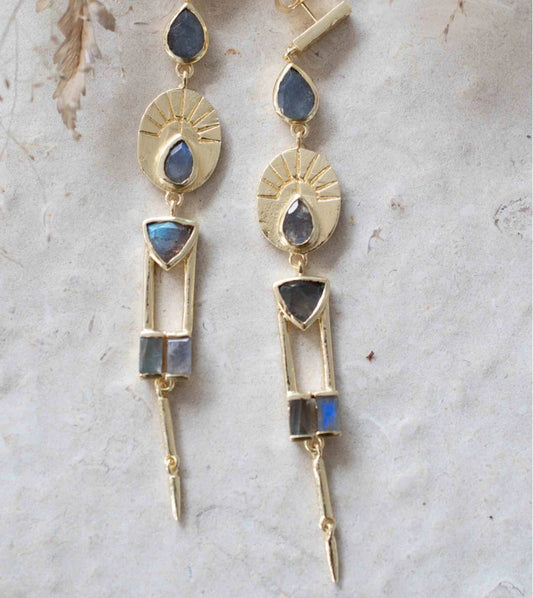 CILA Aria Long Drop Earrings w/ LABRADORITE , 18K Goldplated