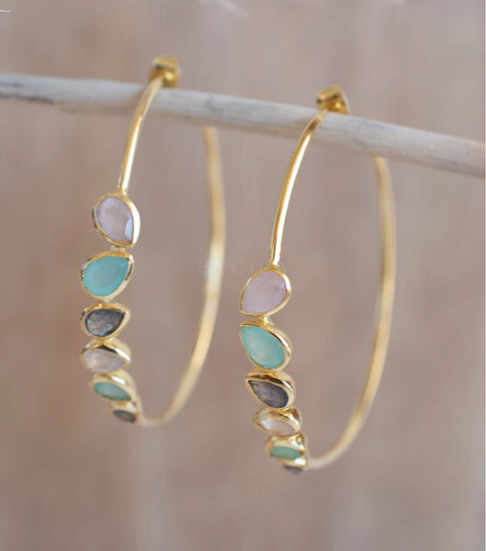 CILA Big Ring Earrings w/ Labradorite, Aqua Chalsedony, Rose Quartz; Stones, 18K Goldplated
