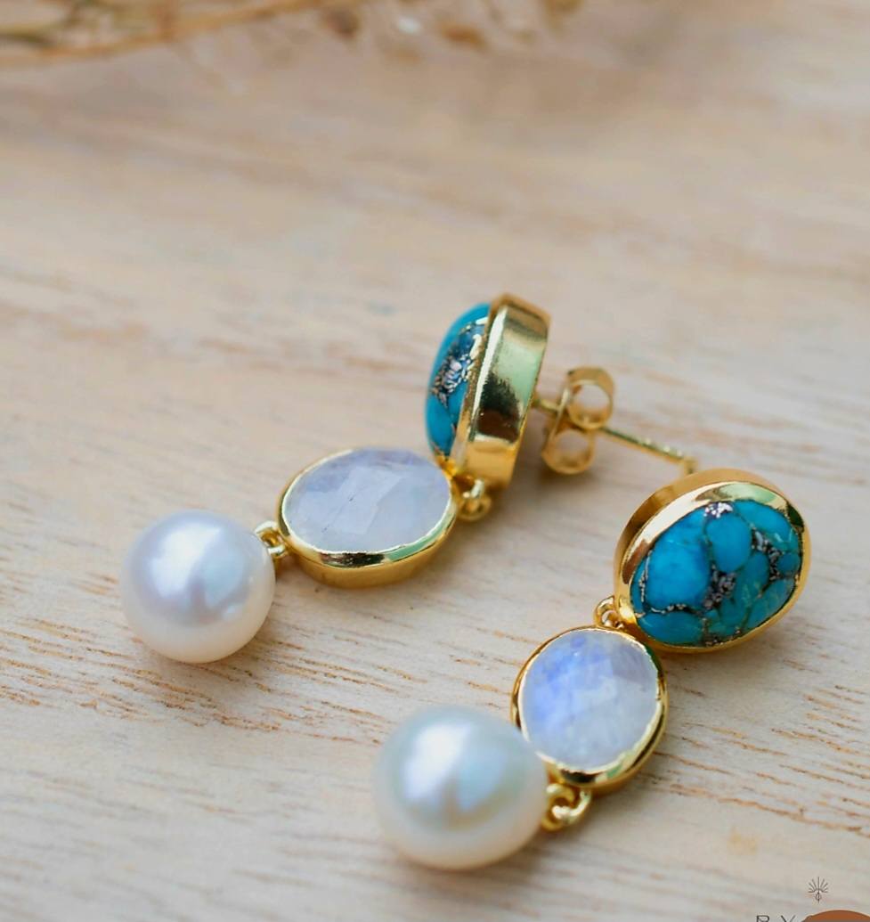 CILA Drop Earrings w/ Copper Turquise, Moonstone, Pearl , 18K Goldplated