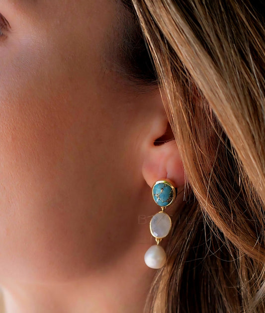 CILA Drop Earrings w/ Copper Turquise, Moonstone, Pearl , 18K Goldplated