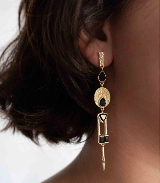 CILA ARIA Long Drop Earrings w/ Sort ONYX , 18K Goldplated