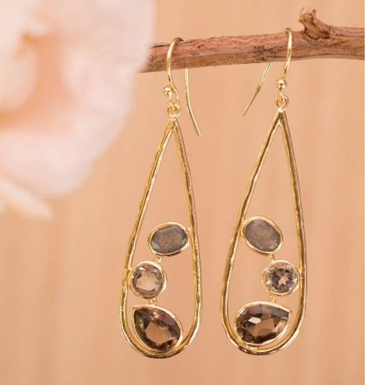 CILA Oval Ring Design Labradorite, Green Ametyst, Smoky Quartz Earrings , 18K Goldplated