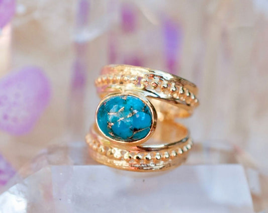 HÅndlaget, Designring med storTorquise Copper sten,  18 K Gold Electroplated.