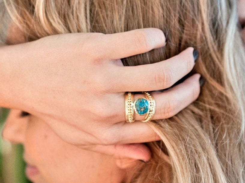 HÅndlaget, Designring med storTorquise Copper sten,  18 K Gold Electroplated.