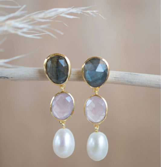 CILA Long Design Rose Quartz, Labradorite, Pearl Stud Earrings , 18K Goldplated