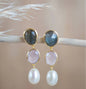 CILA Long Design Rose Quartz, Labradorite, Pearl Stud Earrings , 18K Goldplated