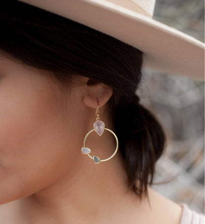CILA Ring Design Calcedony, Labradorite &amp; Moonstone, Pearl Stud Earrings , 18K Goldplated