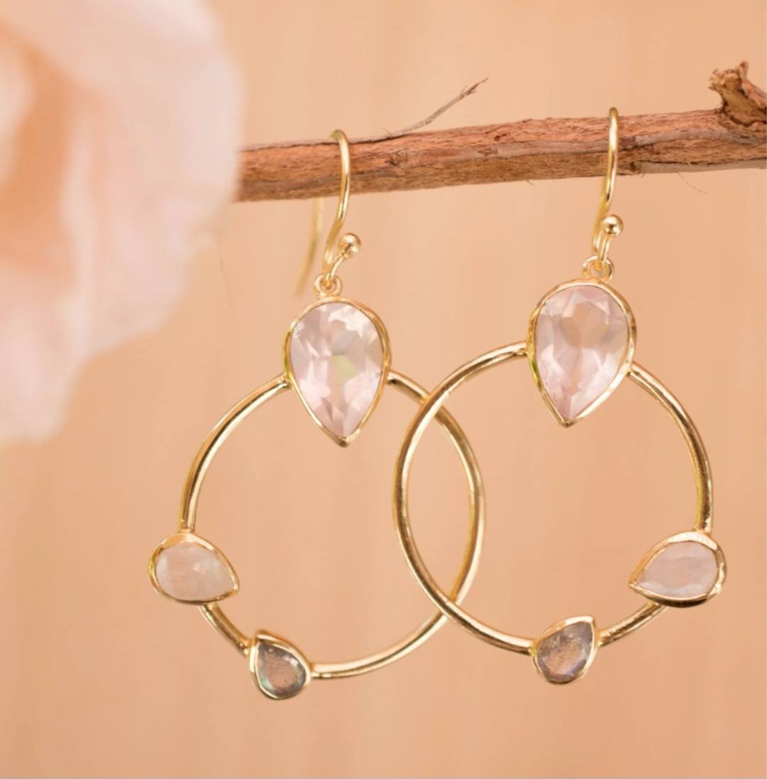 CILA Ring Design Calcedony, Labradorite &amp; Moonstone, Pearl Stud Earrings , 18K Goldplated