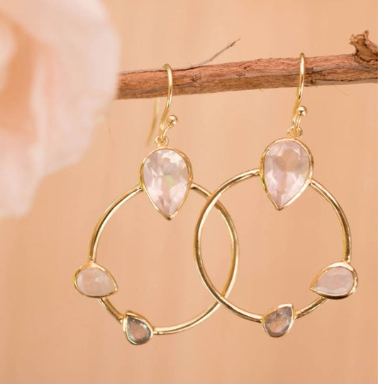 CILA Ring Design Calcedony, Labradorite &amp; Moonstone, Pearl Stud Earrings , 18K Goldplated