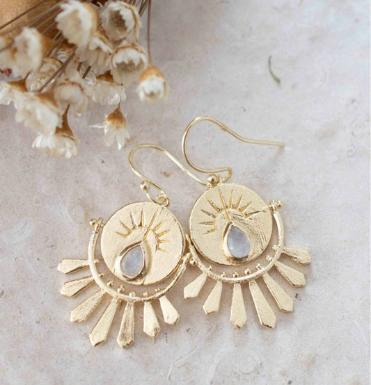 CILA "Evil Eye" Drop Design Earrings w/ MOONSTONE , 18K Goldplated