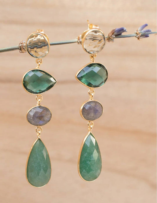 CILA Long Design Earrings w/ Topaz, , Labradorite, Aventurine, Green Tourmaline Hydro , 18K Goldplated