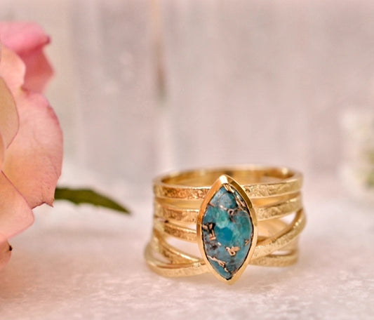 HÅndlaget, Designring med ovalformet Torquise Copper sten,  18 K Gold Electroplated.