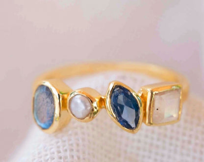 Håndlaget, Trendy - 3 - Stone Designring med Labradorite, Pearl, Iolite, Moonstone 18 K Gold Electroplated