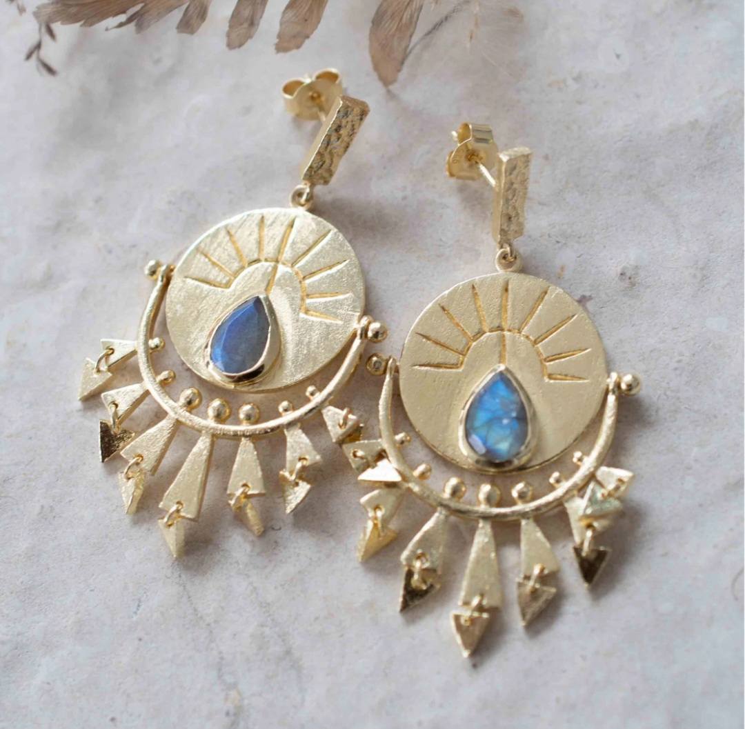 CILA "Evil Eye" Drop Design Earrings w/ Labradorite , 18K Goldplated