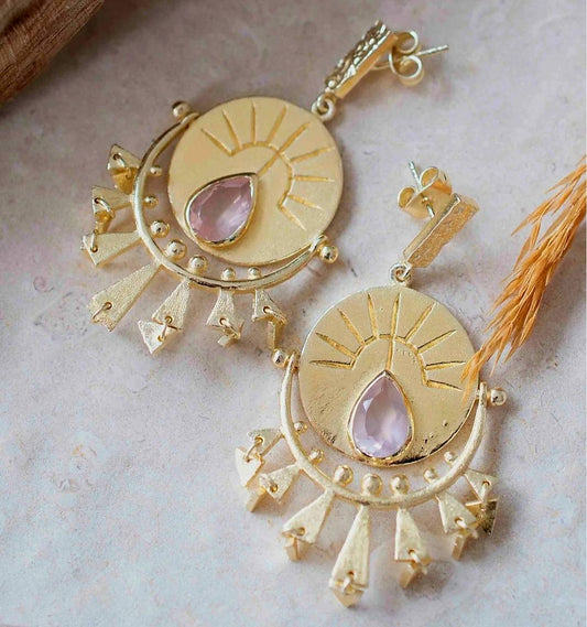 CILA "Evil Eye" Drop Design Earrings w/ ROSE QUARTZ , 18K Goldplated