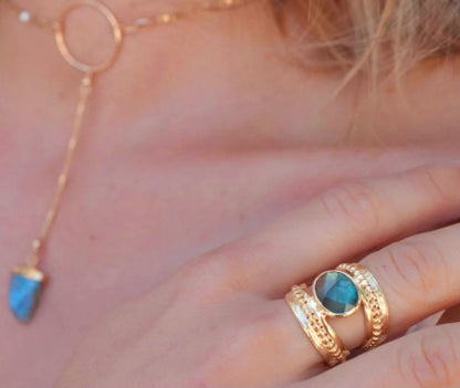 Vakker, håndlaget designring "PANDORA" med stor Labradorite sten i oval form, 18 gold plated