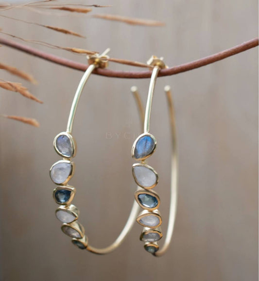 CILA Big Ring Earrings w/ Labradorite , Moonstone 18K Goldplated