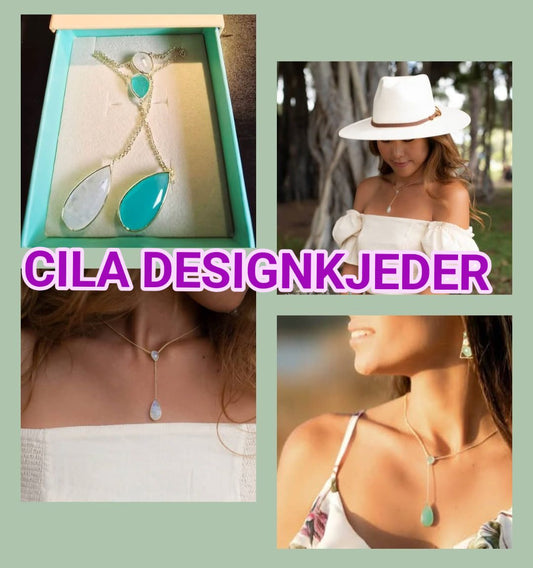 KAMPANJE / CILA DESIGN TEAR DROP KJEDE, ( Moonstone og Aqua Chalsedony ), 18 Goldplated.