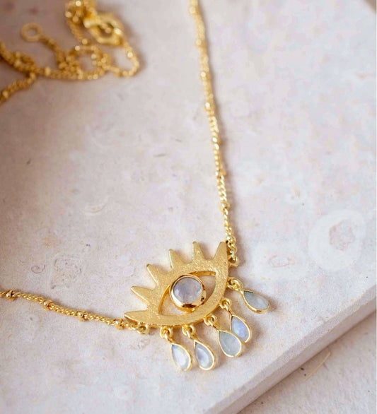 Nytt og vakkert "Evil Eye " Necklace * Moonstone, 18K Goldplated