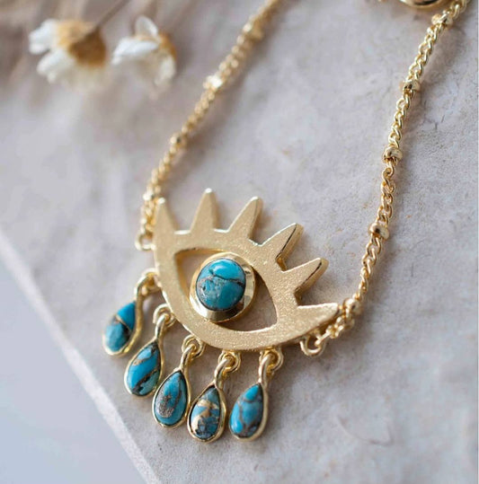 Nytt og vakkert CILA " Evil Eye " Necklace , Copper Turquise, 18K Goldplated