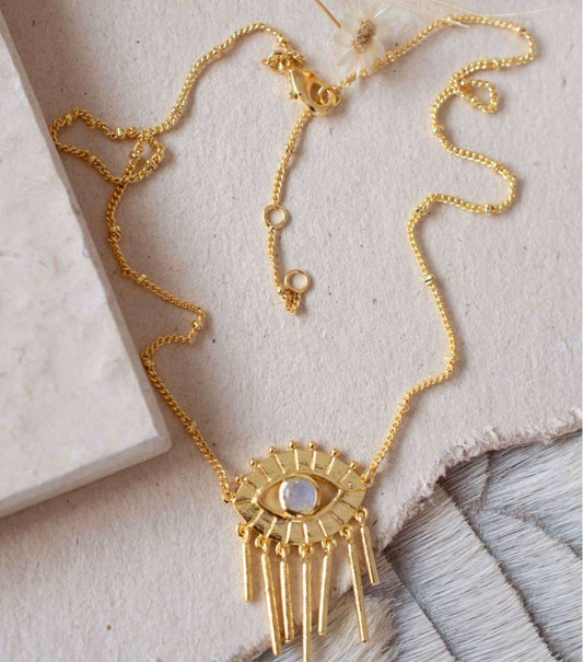 Nytt og vakkert "Evil Eye " Necklace * Moonstone, 18K Goldplated